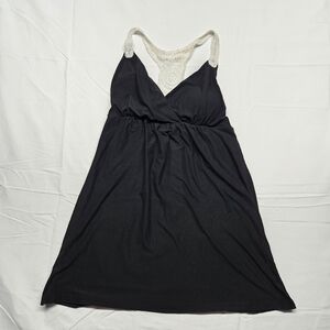 black mini dress beach cover-up with white crochet detailing planet gold large